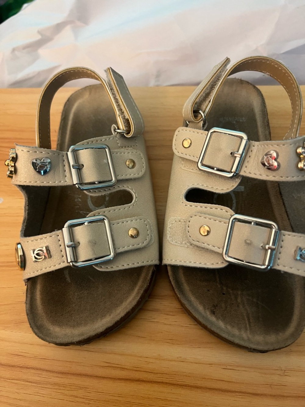 bebe Neutral Beige Double-Buckle Kids Sandals with Stud Accents